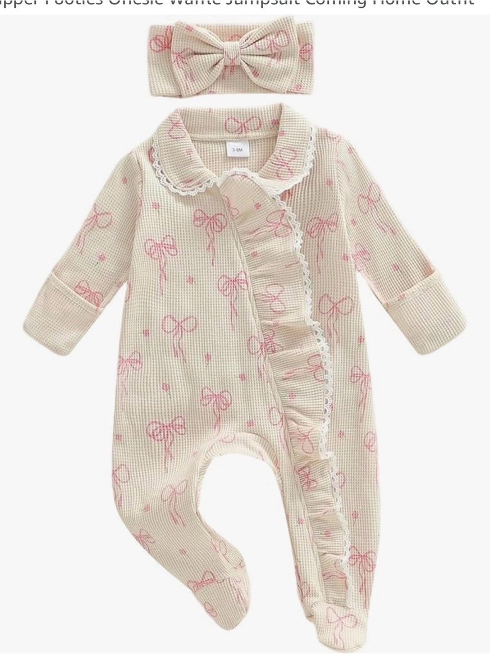 Cream and Pink Bow-Print One-Piece with Headband - Kids